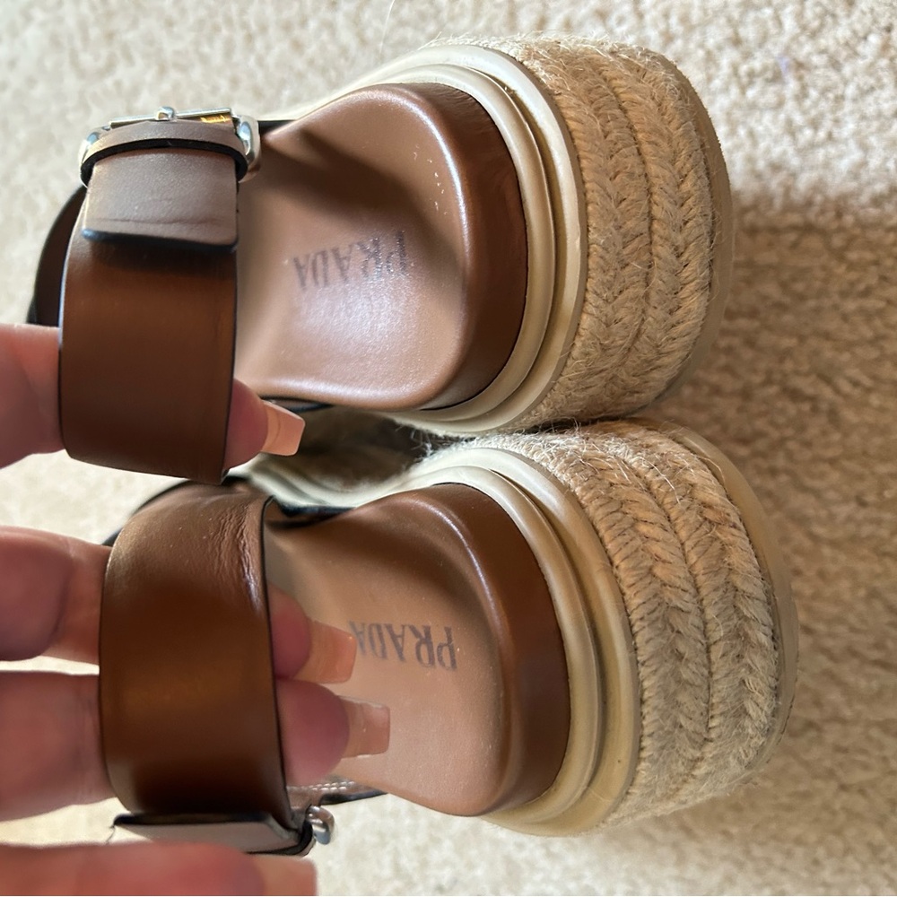 Prada Tan Leather Crisscross Platform Slingback Sandals - Picture 4 of 7